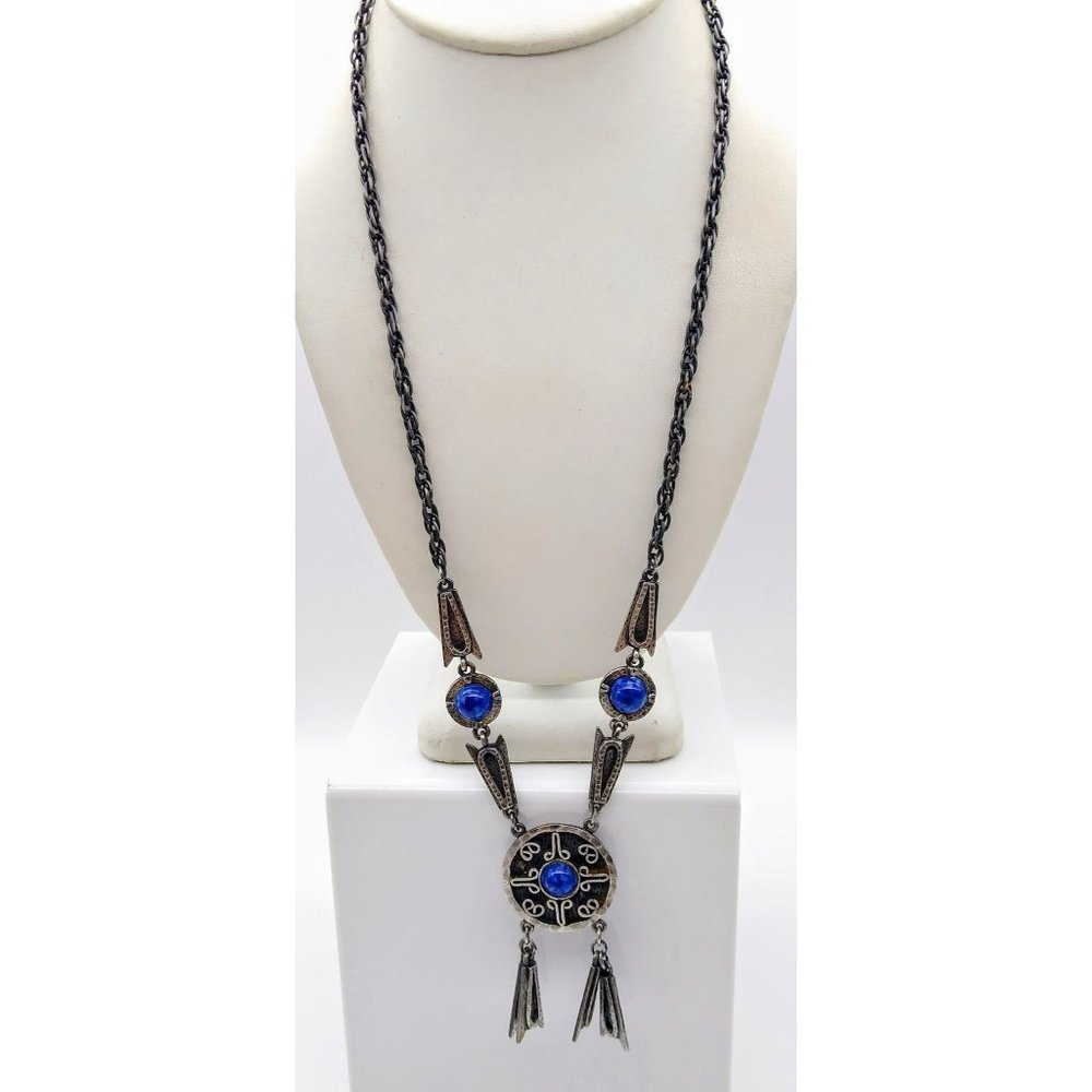 Dramatic Pewter Vintage Lavalier Necklace, Tribal Articulated Pendant with Cobal